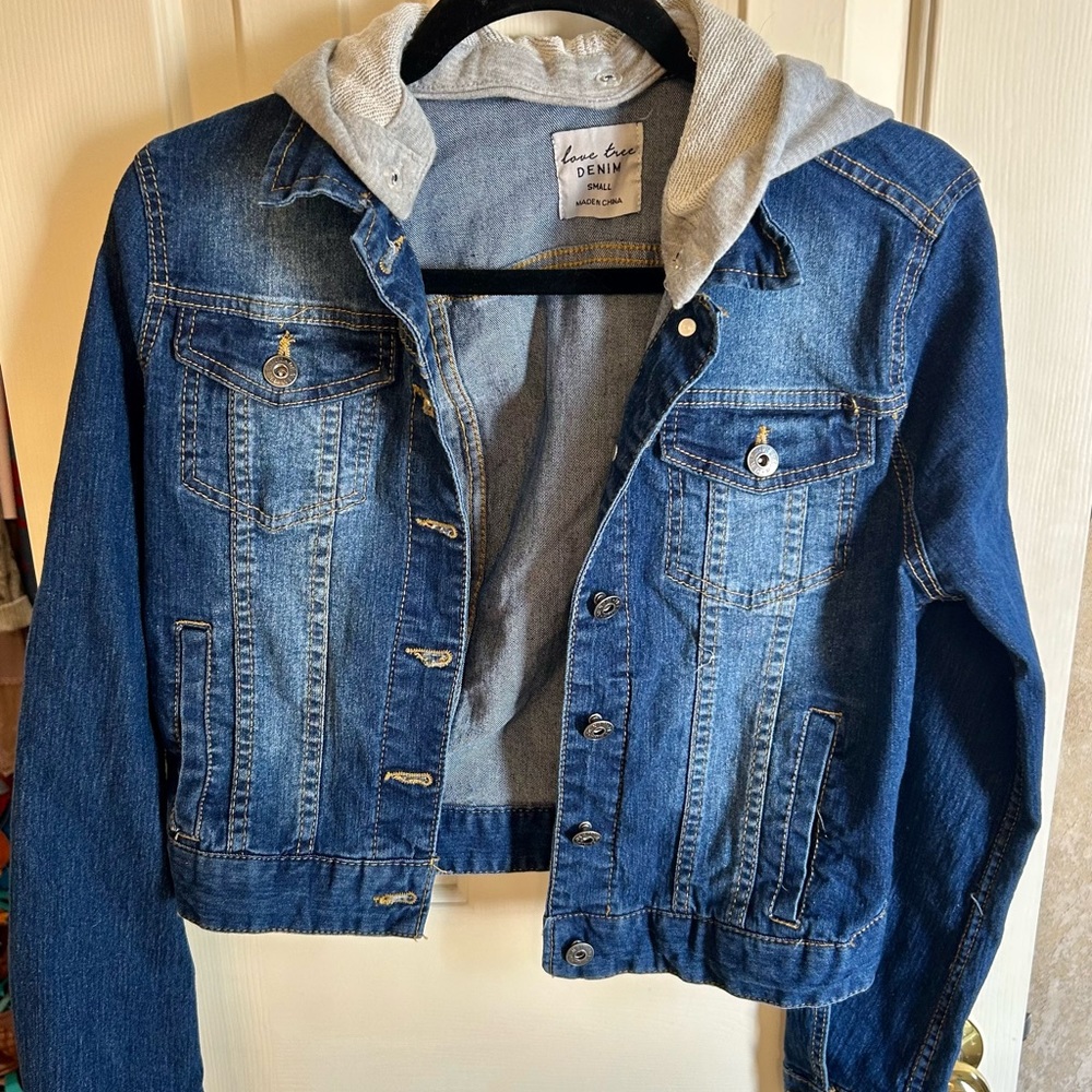 Denim jacket with removable hood
